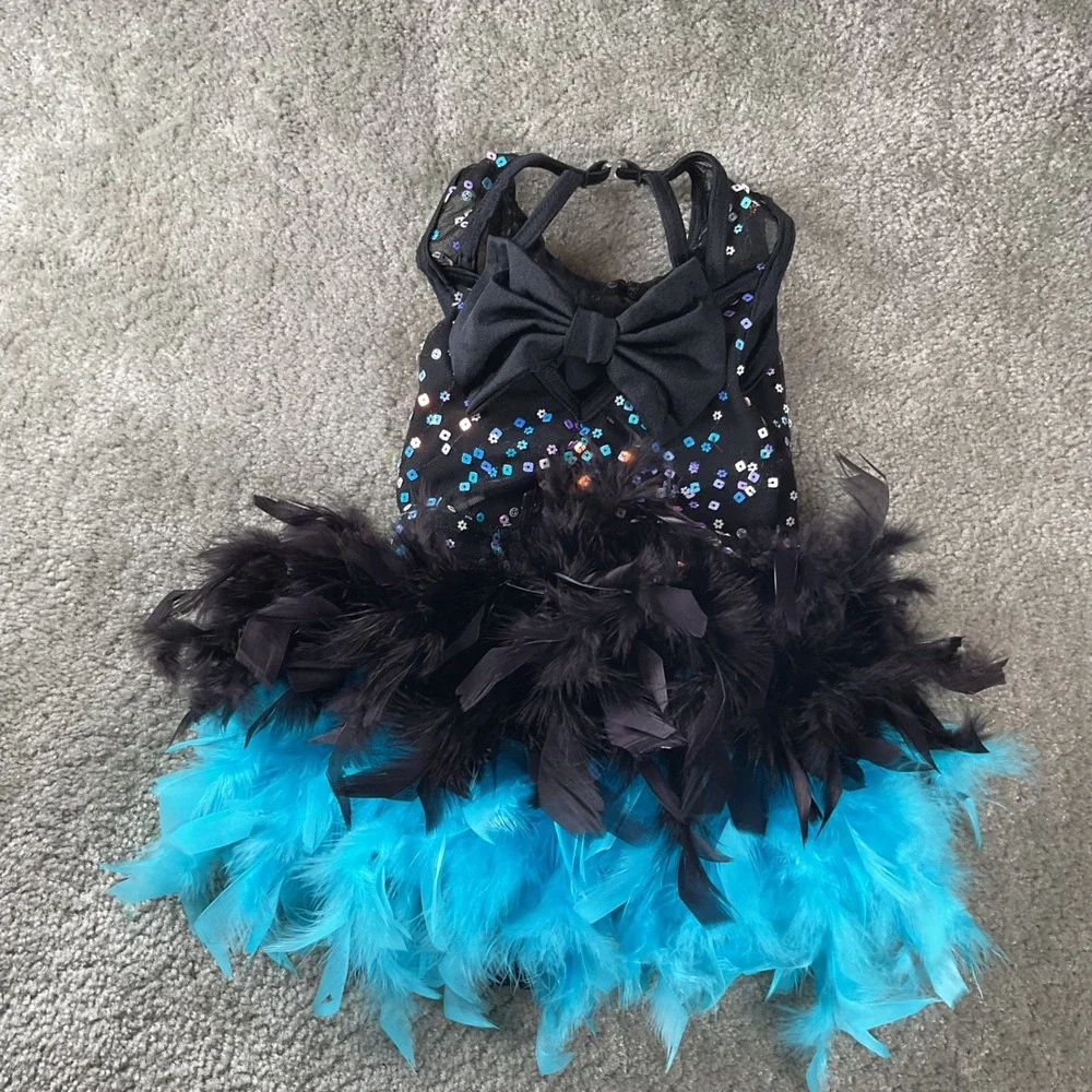 Weissman Dance Leotard Kids XSC Black Turquoise Sequin Feather Costume 13601